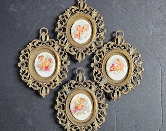 Vintage Porcelain Cherub Wall Hangings, Brass Filigree Frames, Set of 4