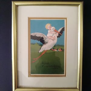 Ancienne carte de félicitations pour bébé 1908 Art cigogne Félicitations pour bébé, cadeau pour les nouveaux parents cadeau rétro pour la nouvelle maman cadre carte postale ancienne