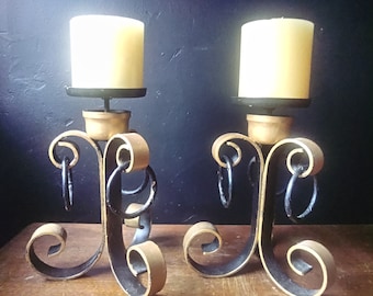 Rustic Colonial Spanish Style Gillded Iron Candlesticks, Set of 2,   SpanishMission Style Candlesticks