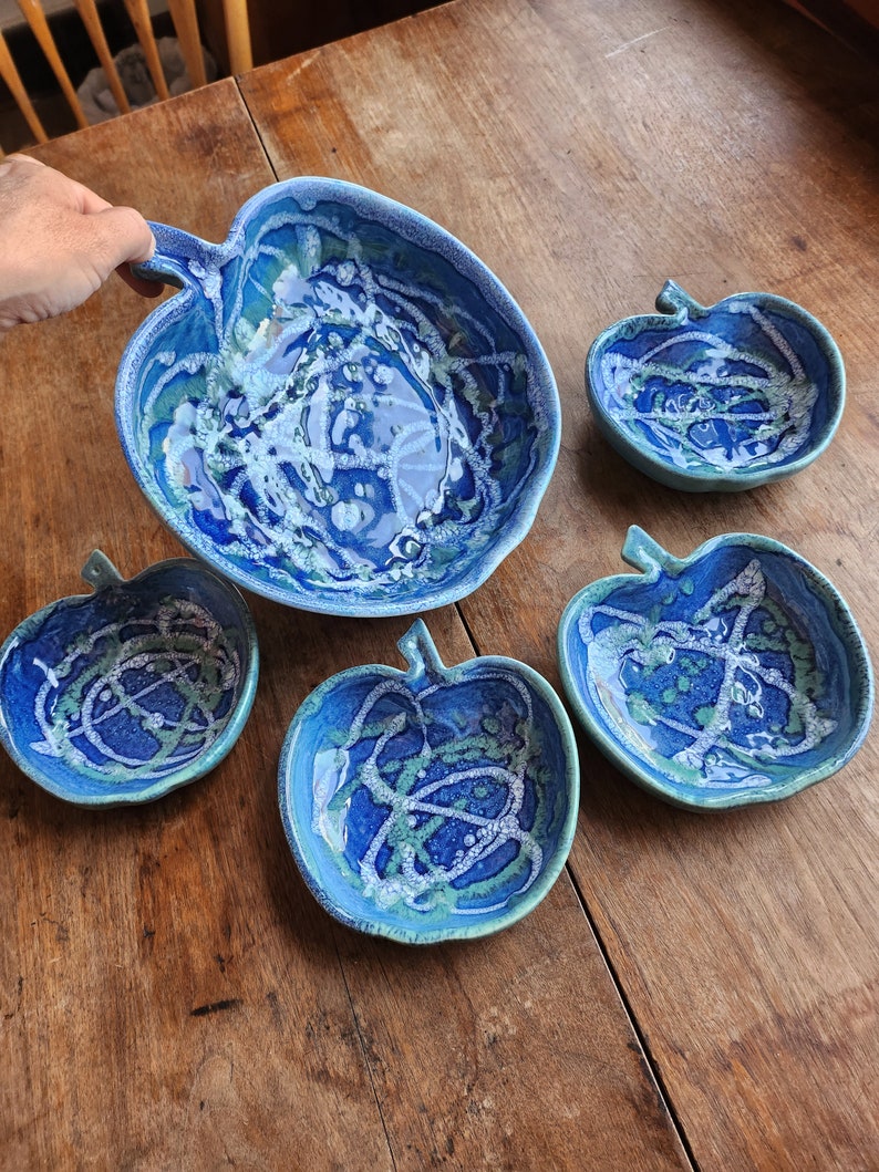 dryden-pottery-drip-glaze-apple-snack-dish-with-4-apple-dishes-etsy