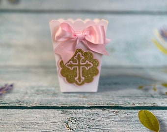 Christening favor boxes, Candy favor box, Mini pop corn box, Religious favors, Baptism favor boxes, Christening favors