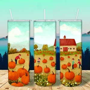 May include: Three stainless steel tumblers with a fall-themed design. Each tumbler features a red barn, a field of pumpkins, and people picking pumpkins. The background is a blue sky with white clouds.