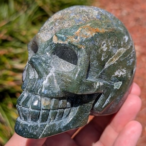 Green Moss Agate Crystal Skull Carving