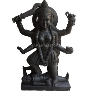 Kali ma statue with durga face standing on lord shiva, standing tall in 42 inch pure black marble large murti for home temple altar decor.
