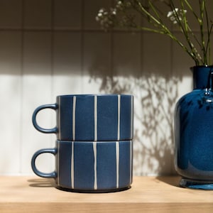 Ceramic Mug Set, Navy Blue Striped Reactive Glaze | 520ml Scandi Design