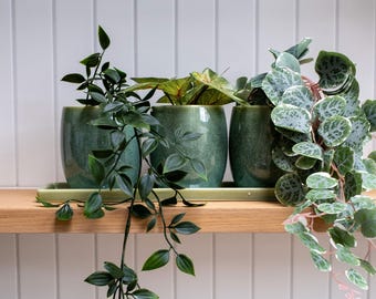 Scandi Home Set of 3 Green Reactive Glazed Ceramic Planters with Tray