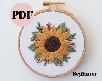 PDF Beginner Sunflower Embroidery Pattern - 4" Sunflower Embroidery Pattern, Embroidery Hoop, Beginner Embroidery PDF