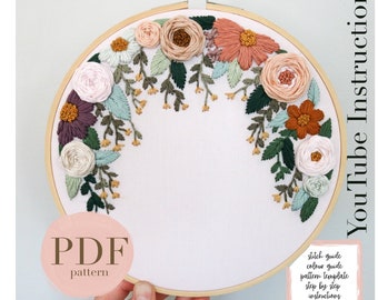 PDF 8” Floral Wreath Embroidery Pattern, Hoop Art , DIY Embroidery, Hand Embroidery, Floral Embroidery, Video & Written Instructions