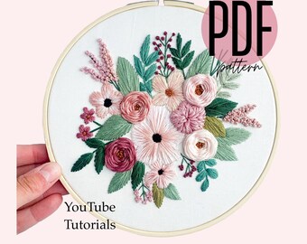 PDF Hand Embroidery Pattern, Pink Florals, Modern Embroidery, Beginner, Intermediate, DIY gift, Needlepoint, Cross Stitch