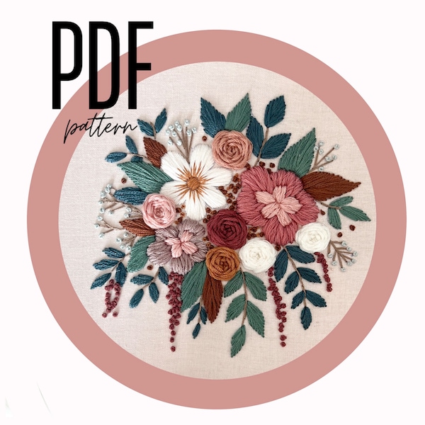 6” PDF Embroidery Pattern Cascade of Fall - Floral Embroidery Design, Digital Download, Instant, Beginner, PDF, Fall Florals, Needlework
