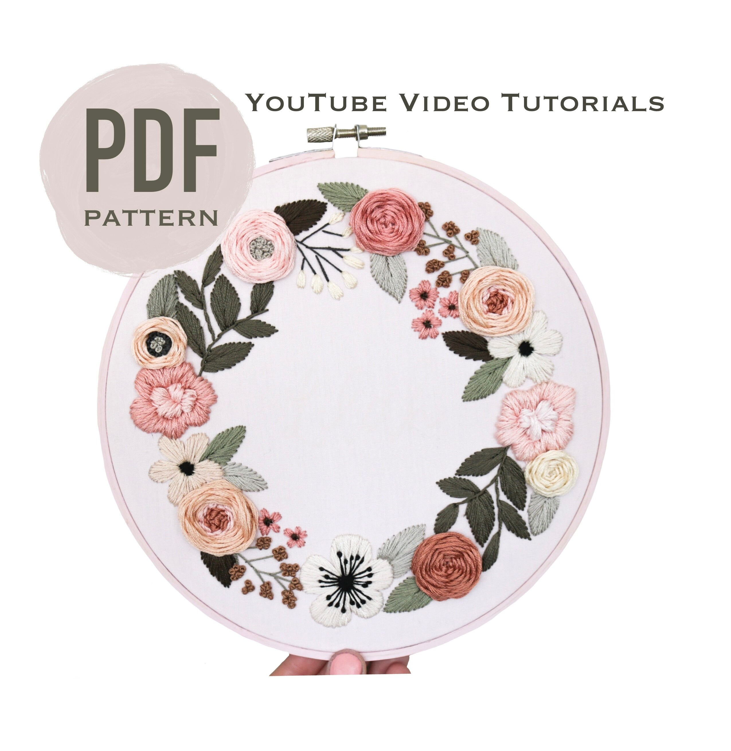 PDF Perfectly Pink Floral Wreath Embroidery Hoop, Hand Embroidery, Ne…