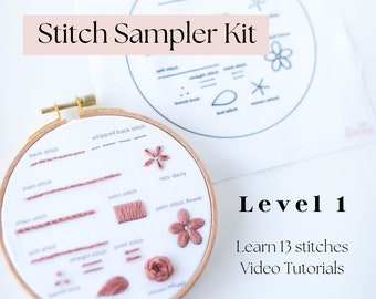 Beginner Embroidery Stitch Sampler, Learn 13 Stitches, Additional Beginner Pattern Template