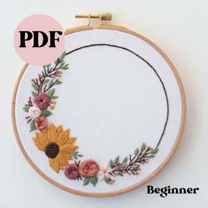 PDF Sunflower Wreath Hoop - Floral Pattern, Embroidery Pattern, Embroidery Flowers, Embroidery Hoop, Beginner Embroidery PDF