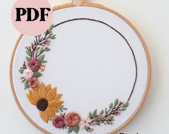 PDF Sunflower Wreath Hoop - Floral Pattern, Embroidery Pattern, Embroidery Flowers, Embroidery Hoop, Beginner Embroidery PDF