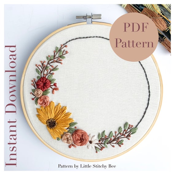 PDF Sunflower Wreath Hoop Floral Pattern, Embroidery Pattern, Embroidery  Flowers, Embroidery Hoop, Beginner Embroidery PDF 