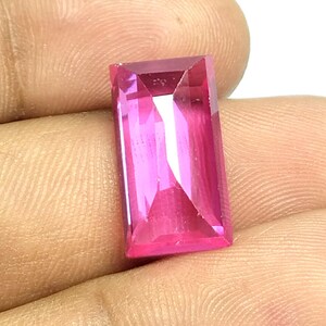 Pink Ruby Imitation: Lab Grown Rectangle Cut Faceted Gemstone (17x9x6 MM, 11 Carat)