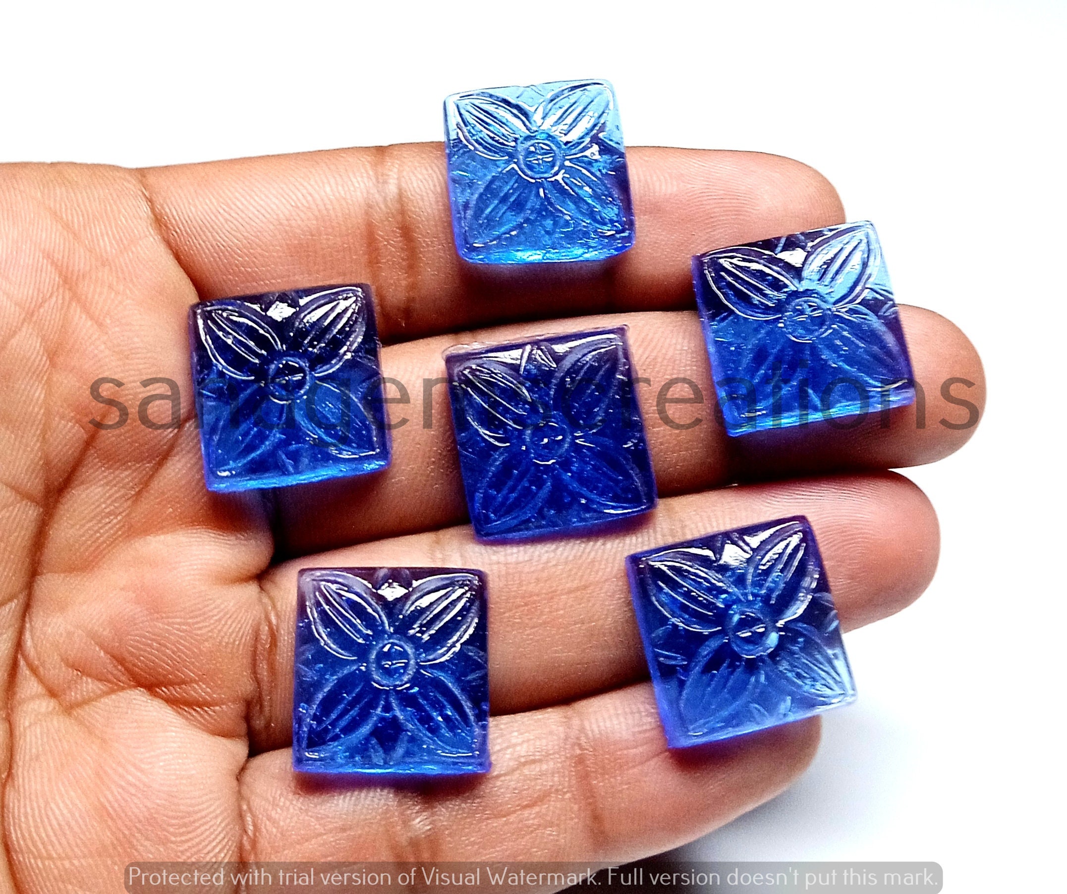 Amazing Blue Quartz Lief Carved Gemstone Square Shape Light Blue Clear Glass Flowers Carvings Gemstone Pendant & Earrings Jewellery Making.