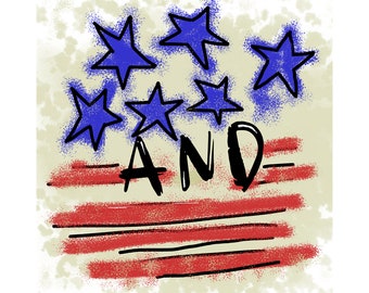 May include: An abstract illustration featuring blue stars with black outlines above red and black stripes. The word "AND" is written in bold black letters, with a light beige background.