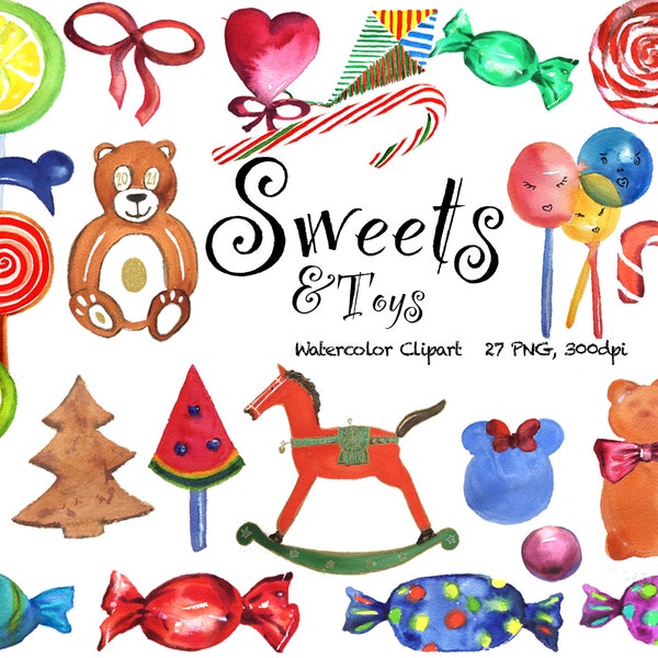 Watercolor Sweets Clipart, Toys Clipart, Commercial Use, Treat Clipart, Lolipop Clipart, Candy Digital, Clipart Download, Watercolor Graphic