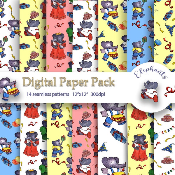 Elephant digital paper, Babar Watercolor, Home decor, Baby Shower Gift, animal printable scrapbook, Gift Greetings, party invitation