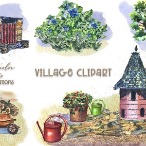 Aquarelle Village clipart, Ferme rustique rurale PNG, Paysage de campagne, Ranch paysage extérieur clipart, Téléchargement instantané, Impression numérique
