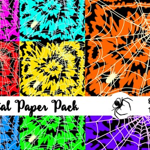 Puede incluir: Paquete de papel digital con 8 patrones de telaraña en diferentes colores. Cada patrón presenta una telaraña con una araña en el centro. El fondo es negro con un efecto tie-dye. El texto "Digital Paper Pack" y "8 JPEG 12"x12" es visible en la parte inferior de la imagen.