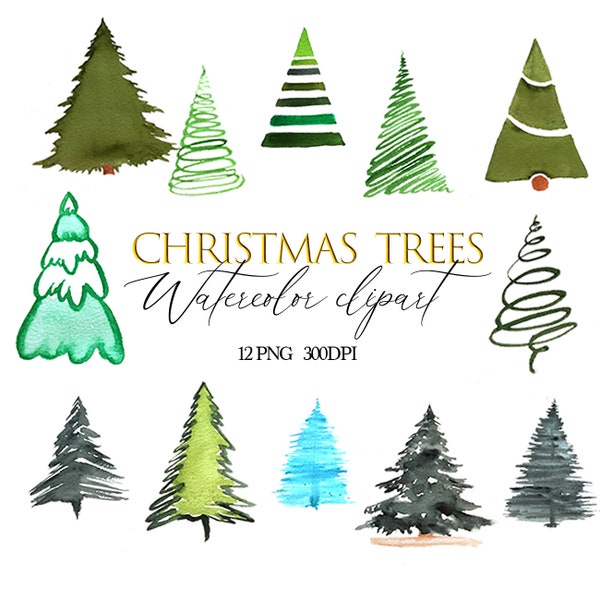 Watercolor Christmas Pine Trees, Watercolor Pine Trees Clipart, Winter Sublimation, Christmas Tree, Watercolor Forest Download, Conifers