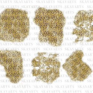 May include: Five digital stamps featuring a leopard print pattern in shades of yellow and black. The stamps are in various shapes and sizes, with some having a more distressed look.