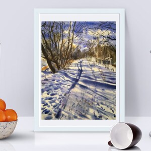 Estampado de bosque de invierno, Decoración de arte de la pared de la naturaleza, Paisaje de acuarela, Paisaje de carretera de invierno, Cartel de nieve forestal, Descarga digital, Regalo para él