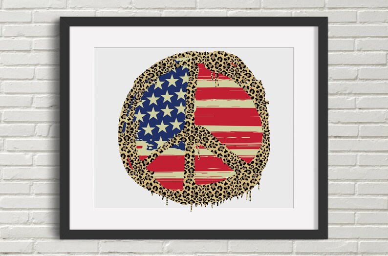 May include: A peace sign with an American flag design, surrounded by a leopard print pattern.