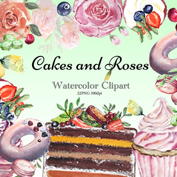 Cake Clipart, Watercolor Clipart, Cupcake Clipart, Sweets Clipart, Roses PNG, Desserts Pastries, Donut Clipart, Sweet Clipart, BakeryLogo