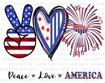 May include: Peace, love, and America graphic with a peace sign, a heart, and fireworks, all in red, white, and blue.