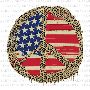 May include: A peace sign with a leopard print design and an American flag design. The peace sign is dripping with paint.