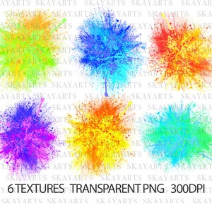 May include: Six colorful paint splatters on a white background. The colors are blue, green, yellow, orange, red, and purple. The splatters are all different sizes and shapes.