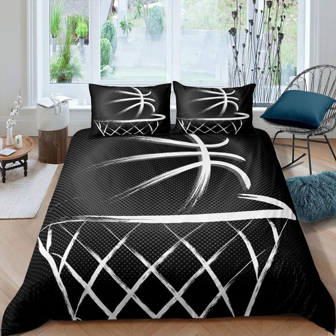 Basketball Art Design All Black Bedding Set 3pcs Sports Nba Etsy