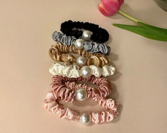 SET OF 6-Pearl Satin Hair Ties Set, Pearl Scrunchie, Fashion Hair Tie, Set Scrunchie, Pearl Ties,