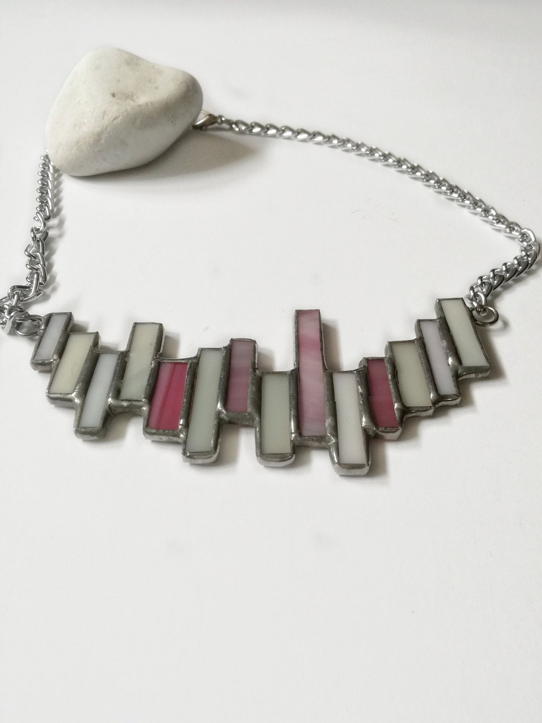 An Unusual Necklace. an Effective Necklace Made of White and Pink Glass. Art Necklace for a Gift