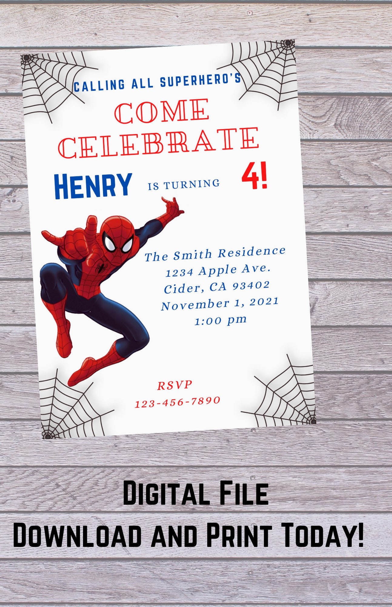 Digital Spiderman Birthday Invitation, Einvite, Spiderman Invitation