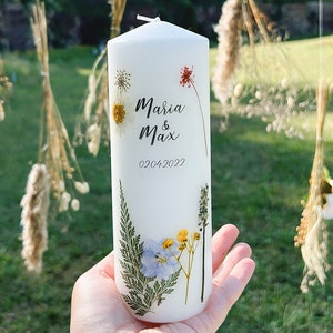 White wedding candle with dried flowers, personalized candle made of real flowers, memorial candle, candle with name & date, birth candle image 2