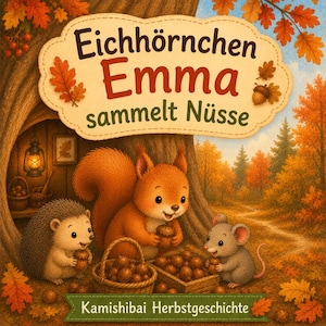Könnte beinhalten: Ein Kinderbuchcover mit dem Titel Eichhörnchen Emma sammelt Nüsse, das ein orangefarbenes Eichhörnchen, einen grauen Igel und eine Maus beim Sammeln von Nüssen im Wald zeigt. Die Szene enthält eine Baumhöhle, eine Laterne und Herbstblätter.