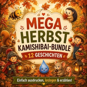 Könnte beinhalten: Eine digitale Illustration mit dem Text MEGA HERBST KAMISHIBAI-BUNDLE 12 GESCHICHTEN. Die Szene zeigt eine Biene, einen Igel, ein Eichhörnchen, ein Kind mit Apfel, einen Ritter, eine Schnecke, einen Wassertropfen, eine Maus und einen Wurm.