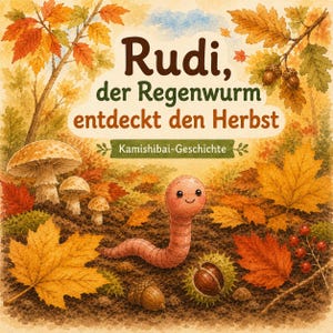 Könnte beinhalten: Eine Aquarellillustration eines rosafarbenen Regenwurms mit lächelndem Gesicht, umgeben von herbstlichen Elementen wie orangefarbenen und gelben Ahornblättern, Pilzen, Eicheln, einer Kastanie in ihrer stacheligen Hülle und roten Beeren mit dem Text Rudi, der Regenwurm entdeckt den Herbst Kamishibai-Geschichte.