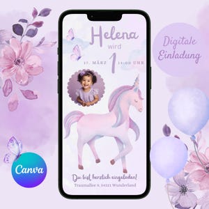 Digital invitation children&#39;s birthday unicorn, personalizable invitation WhatsApp, invitation photo girl, birthday invitation mobile
