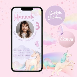 Digital invitation children&#39;s birthday unicorn rainbow, personalizable invitation WhatsApp, birthday girl pink