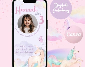 Digital invitation children's birthday unicorn rainbow, personalizable invitation WhatsApp, birthday girl pink