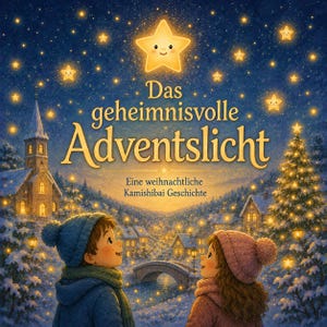 以下が含まれることがあります： Das geheimnisvolle Adventslicht Eine weihnachtliche Kamishibai Geschichteというタイトルの本の表紙。星空、笑顔の星、雪に覆われた村、教会、橋、そして冬用の帽子をかぶった2人の子供が描かれています。
