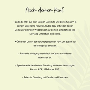 Puede incluir: Una gu&iacute;a de texto sobre c&oacute;mo descargar y personalizar una invitaci&oacute;n digital despu&eacute;s de comprarla en Etsy. La gu&iacute;a incluye instrucciones sobre c&oacute;mo acceder a la plantilla, editarla en Canva y guardarla en formato PDF, JPEG o PNG.