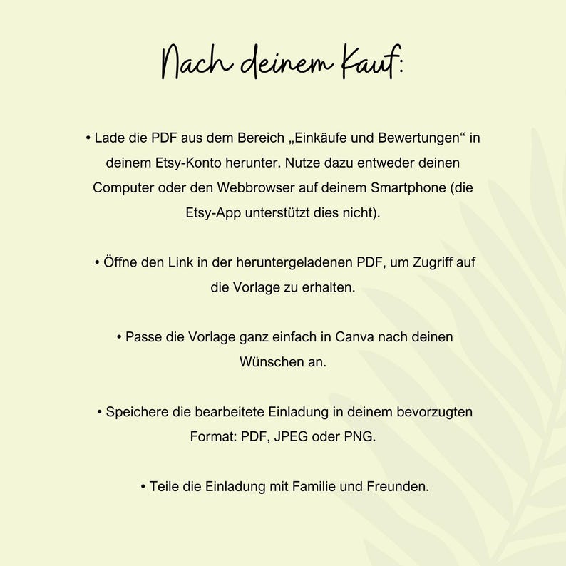 Puede incluir: Una gu&iacute;a de texto sobre c&oacute;mo descargar y personalizar una invitaci&oacute;n digital despu&eacute;s de comprarla en Etsy. La gu&iacute;a incluye instrucciones sobre c&oacute;mo acceder a la plantilla, editarla en Canva y guardarla en formato PDF, JPEG o PNG.