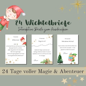 以下が含まれることがあります： エルフのイラストとドイツ語のテキストが特徴の、クリスマスをテーマにした3枚のカードのデジタルプリント。カードは24通のインタラクティブな手紙のセットの一部です。テキストには「24 Wichtelbriefe」と「24 Tage voller Magie & Abenteuer」が含まれています。