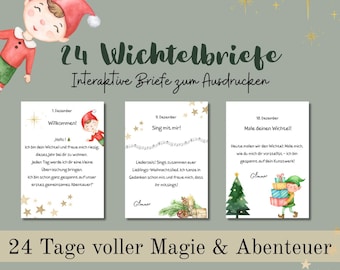 May include: A digital print featuring three Christmas-themed cards with elf illustrations and text in German. The cards are part of a set of 24 interactive letters. The text includes "24 Wichtelbriefe" and "24 Tage voller Magie & Abenteuer."